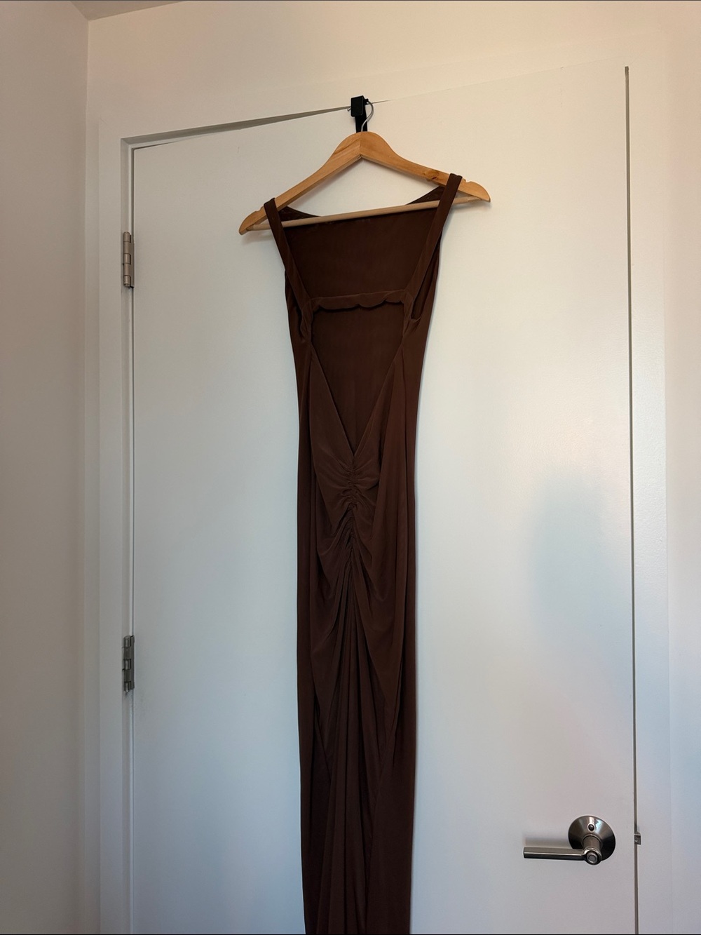 Ruched Brown Maxi Dress with Deep V